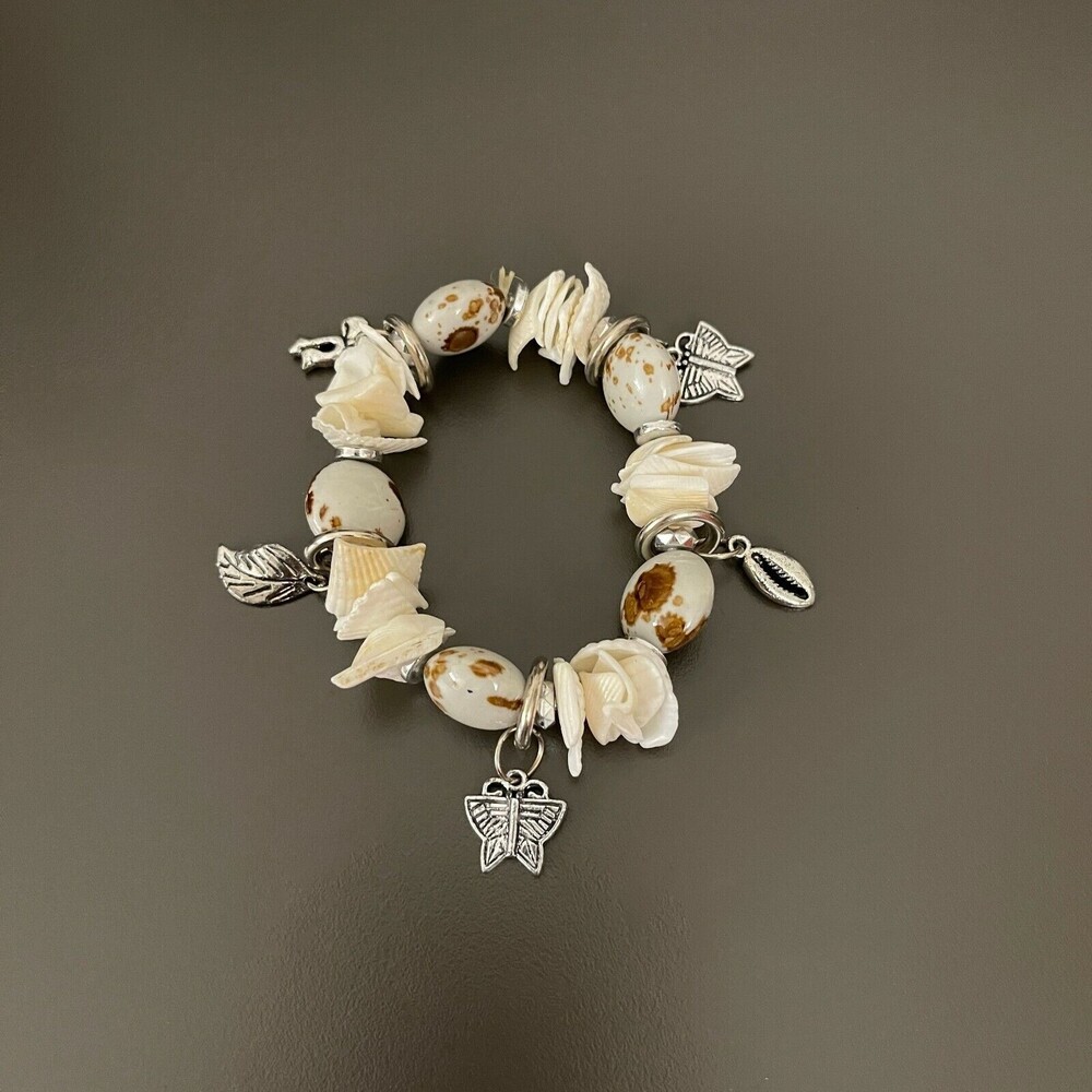 Shell Silver-tone Multicolor Butterfly Bow Leaf Fashion Charm Bracelet NWOT